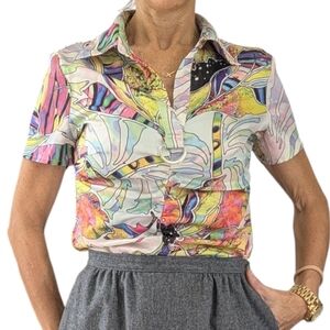Vintage Alberto Makali Abstract Multicolor Button Down Short Sleeve Blouse Sz M